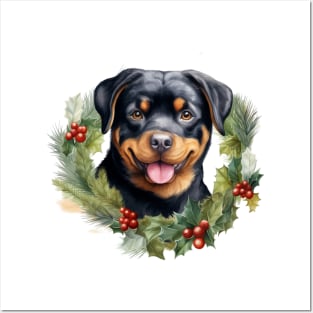 Christmas Rottweiler Dog Wreath Posters and Art